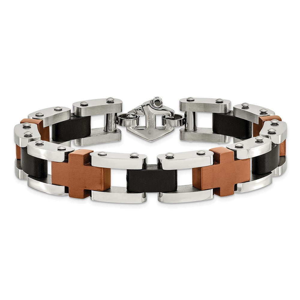 Chisel Stainless Steel Brushed and Polished Black and Brown IP-plated 8.75 inch Cross Link Bracelet