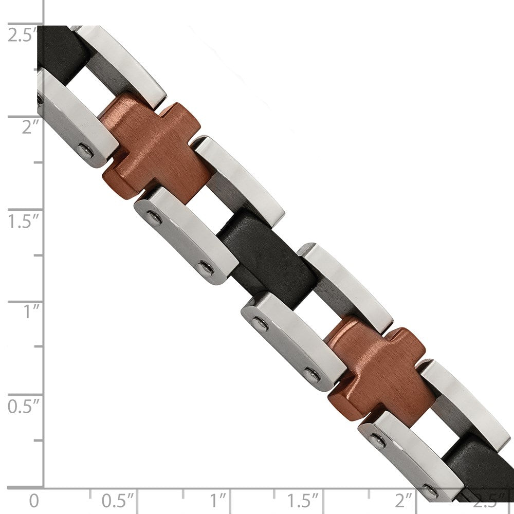 Chisel Stainless Steel Brushed and Polished Black and Brown IP-plated 8.75 inch Cross Link Bracelet