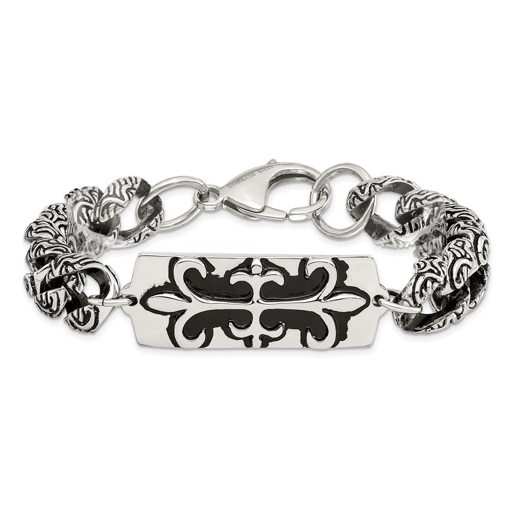 Stainless Steel Antiqued and Polished Fleur de Lis 9in Bracelet