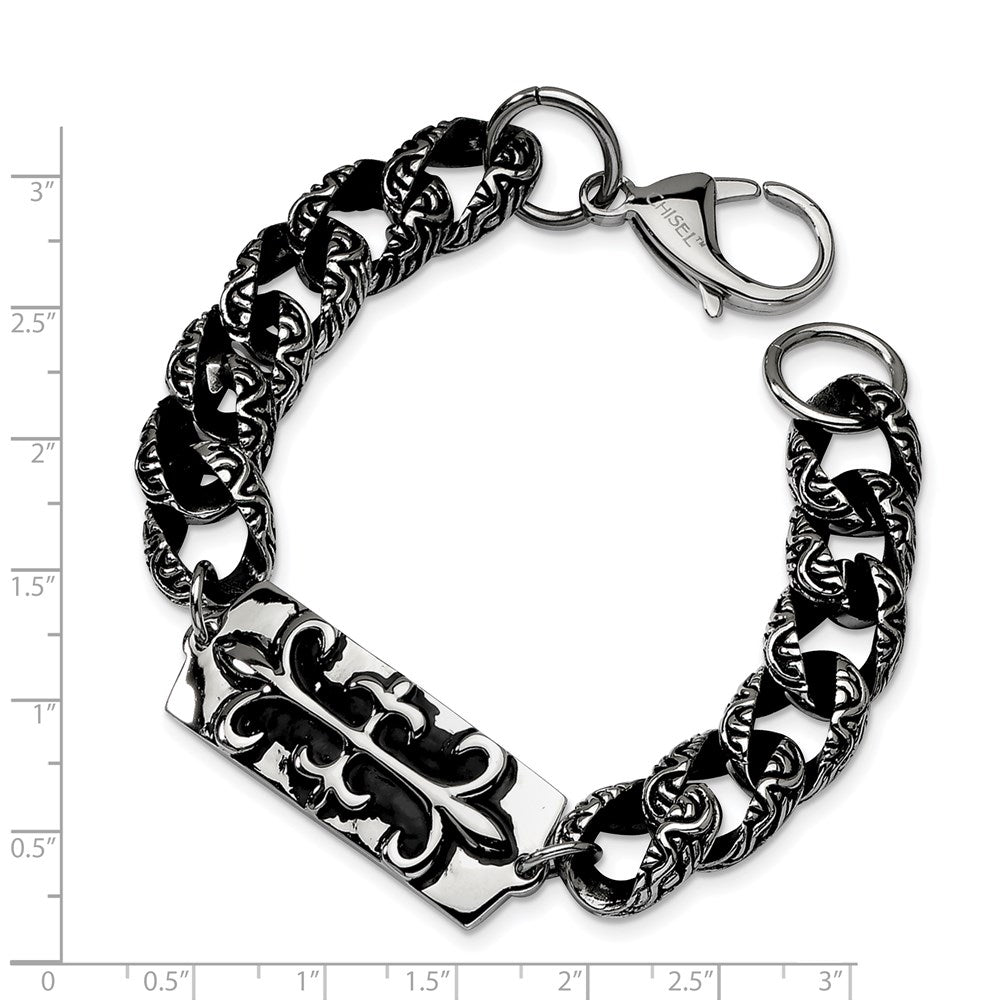 Stainless Steel Antiqued and Polished Fleur de Lis 9in Bracelet