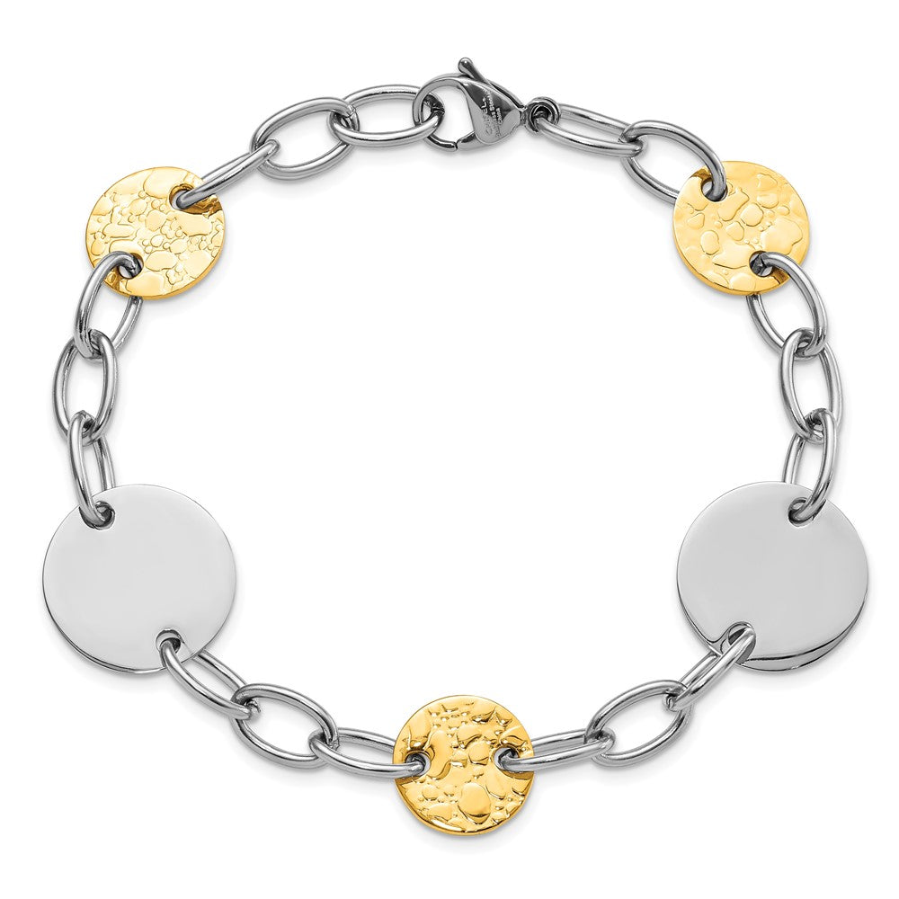 Stainless Steel Yellow IP-plated Textured Circle Link Bracelet