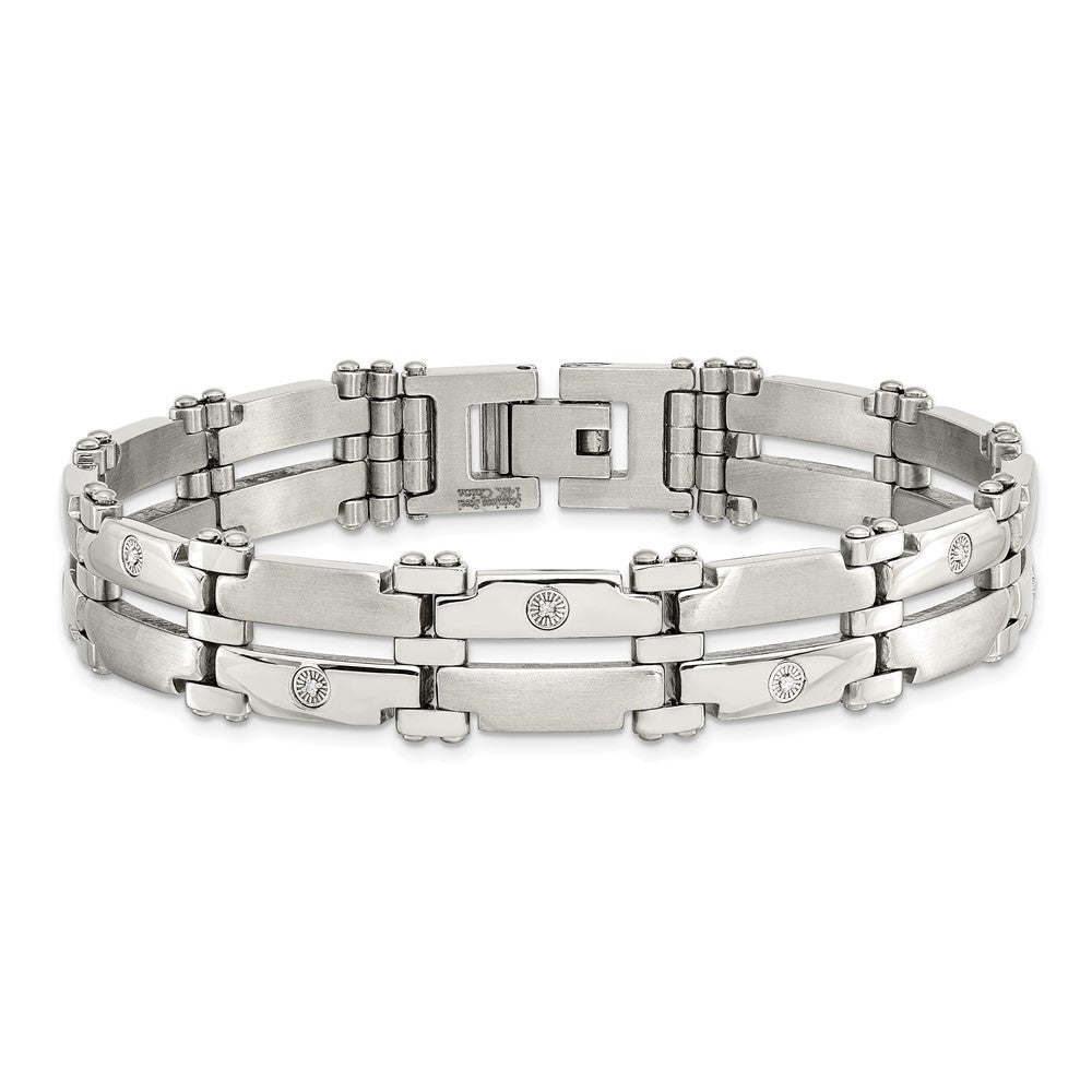 Chisel Stainless Steel Brushed and Polished with Rhodium-plated 14k White Gold and 1/20 carat Diamond 8.5 inch Bracelet