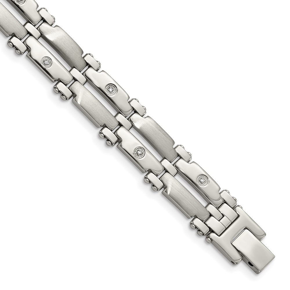 Chisel Stainless Steel Brushed and Polished with Rhodium-plated 14k White Gold and 1/20 carat Diamond 8.5 inch Bracelet