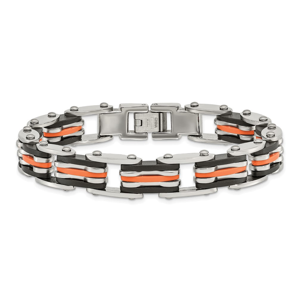 Chisel Stainless Steel Polished with Blakc and Orange Rubber 8.5 inch Link Bracelet