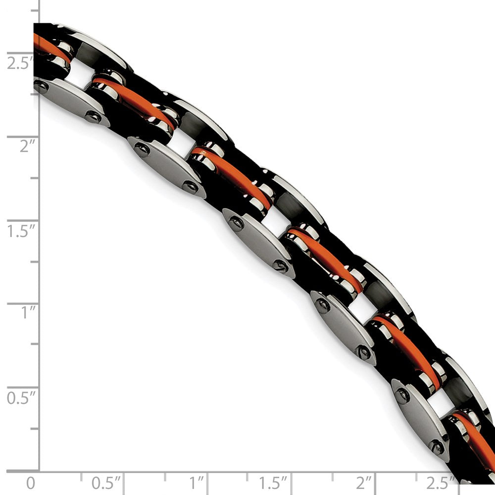 Chisel Stainless Steel Polished with Blakc and Orange Rubber 8.5 inch Link Bracelet