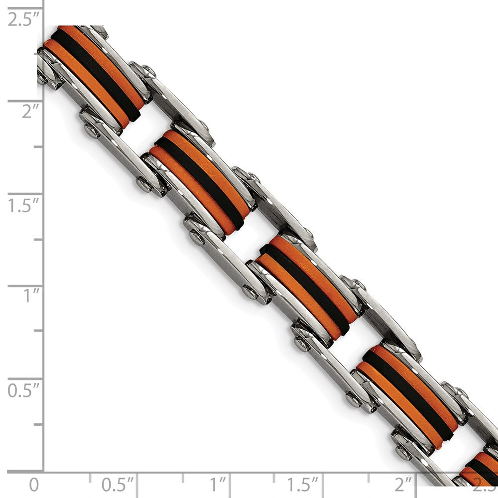 Chisel Stainless Steel Polished with Black and Orange Polyurethane 8.75 inch Link Bracelet