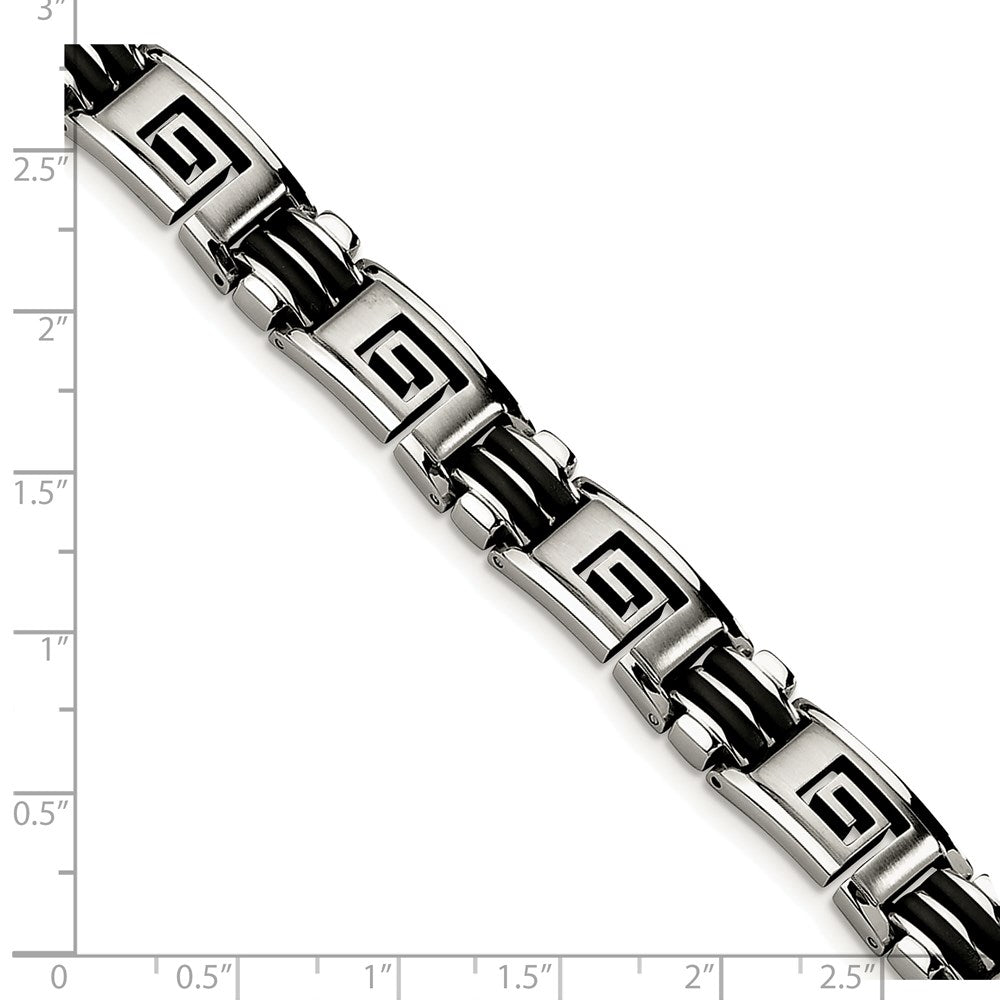 Chisel Stainless Steel Brushed and Polished Black Rubber Inlay Greek Key 8.5 inch Bracelet