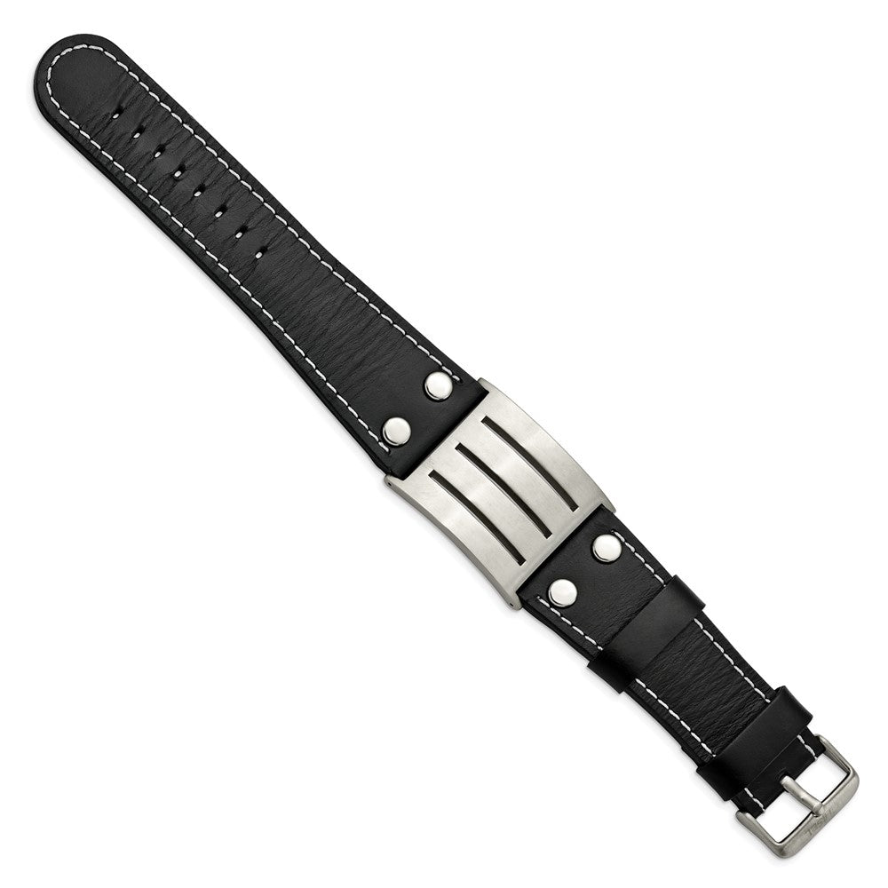 Stainless Steel Brushed Black Leather Adjustable Buckle 8.75in Bracelet