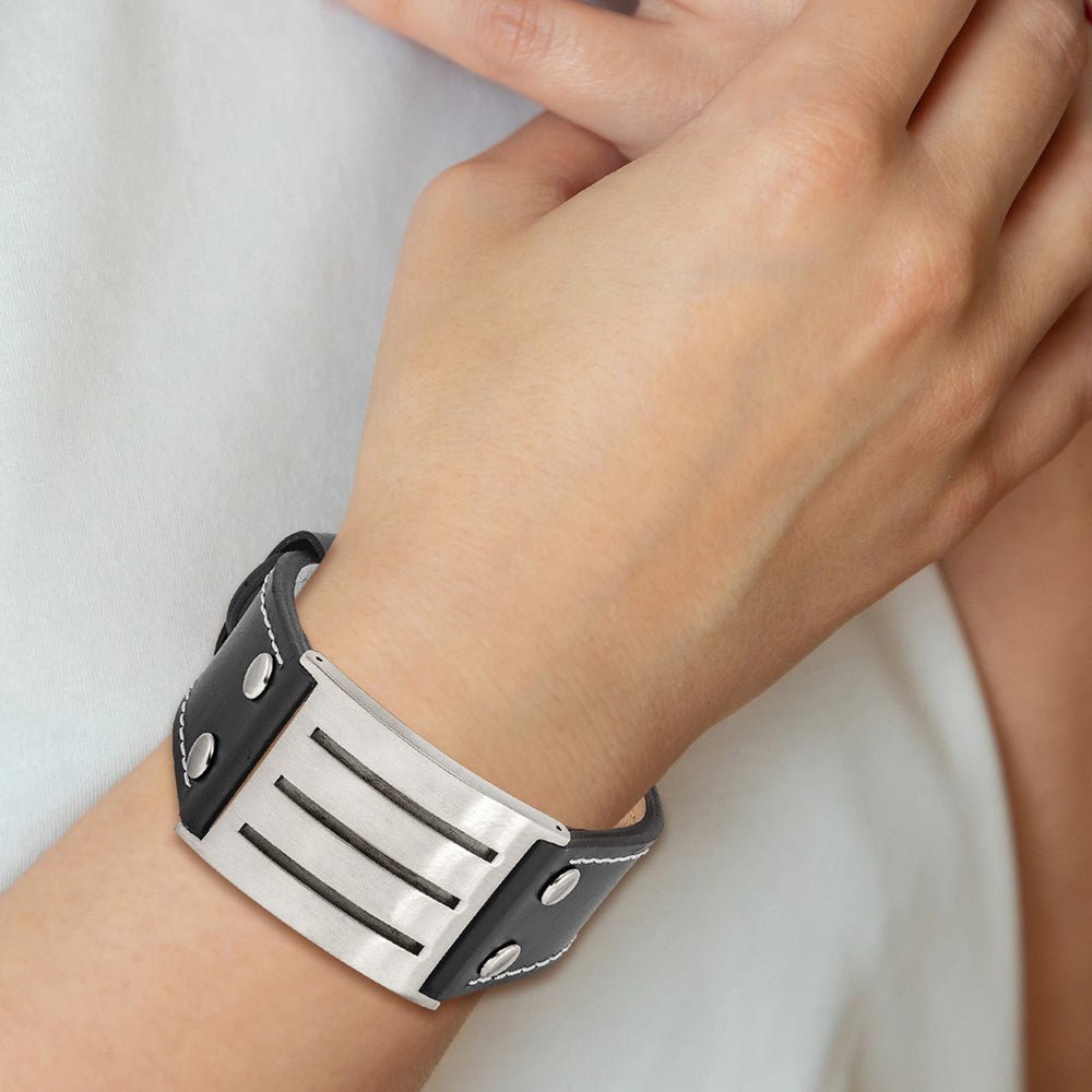 Stainless Steel Brushed Black Leather Adjustable Buckle 8.75in Bracelet