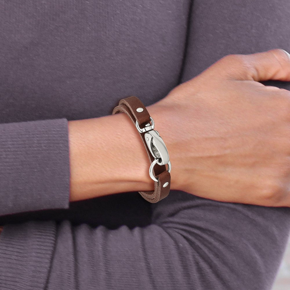 Chisel Stainless Steel Polished Dark Brown Leather 25 inch Wrap Bracelet