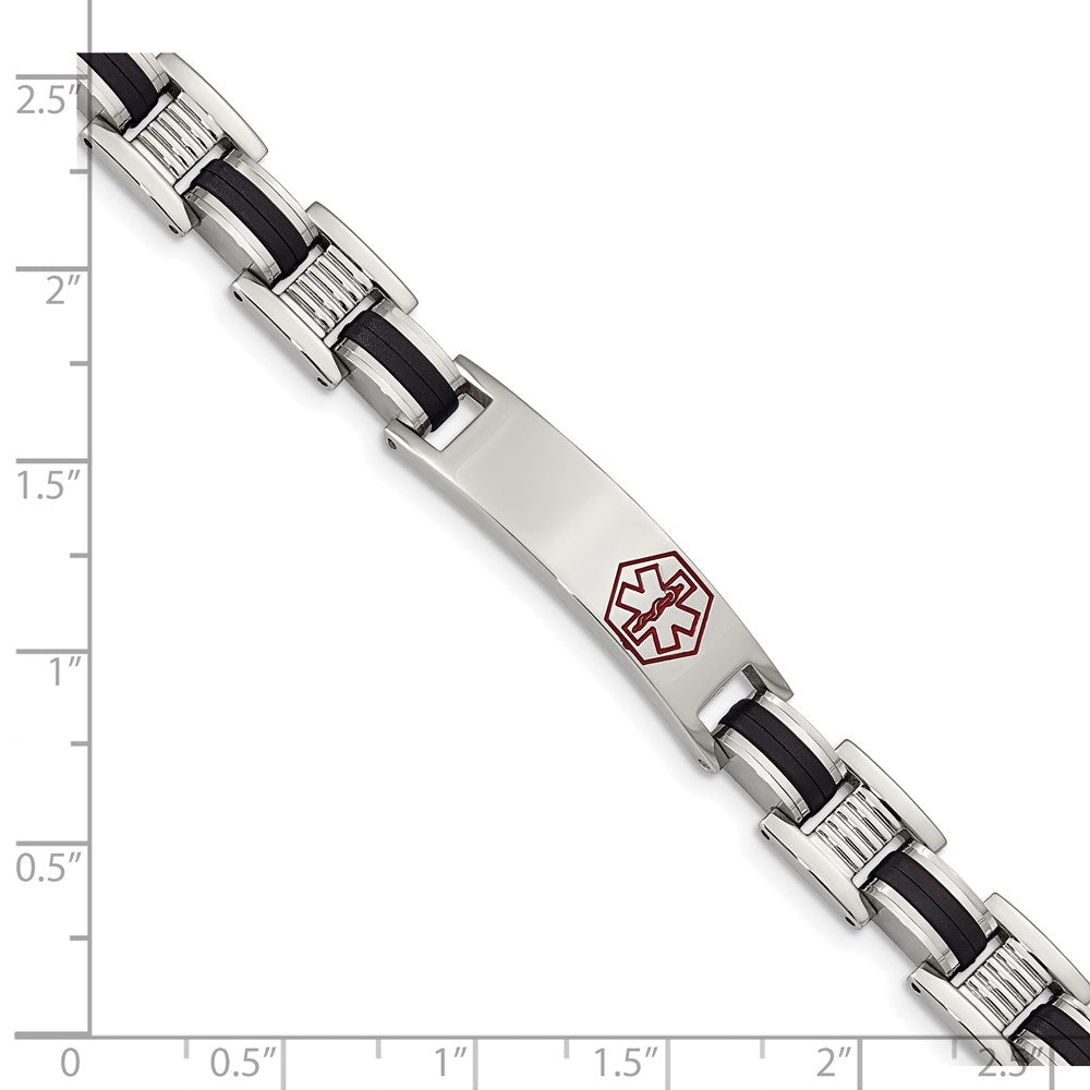 Chisel Stainless Steel Polished with Red Enamel and Black Rubber Medical ID 8 inch Link Bracelet