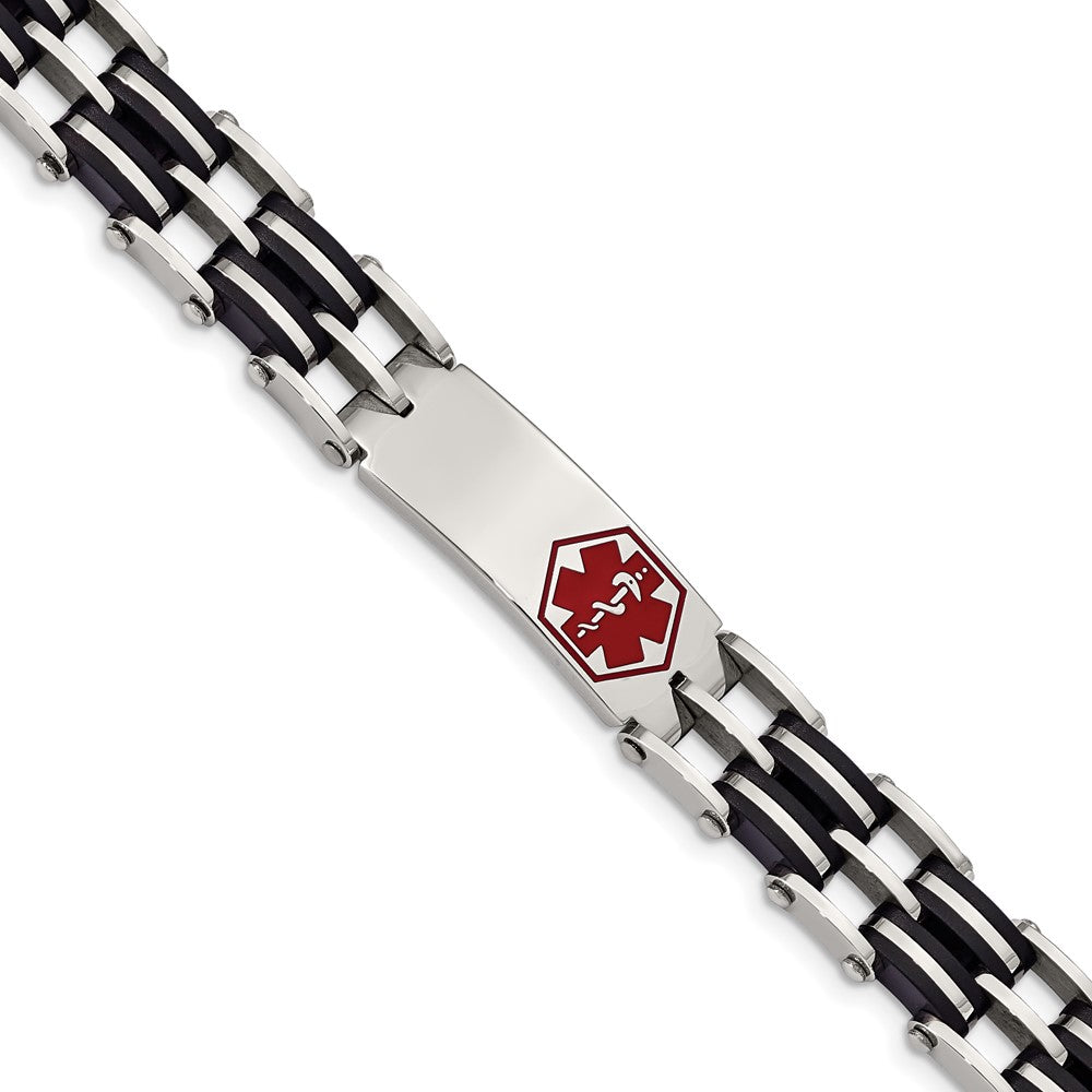 Chisel Stainless Steel Polished with Red Enamel and Black Rubber Medical ID 8.25 inch Link Bracelet