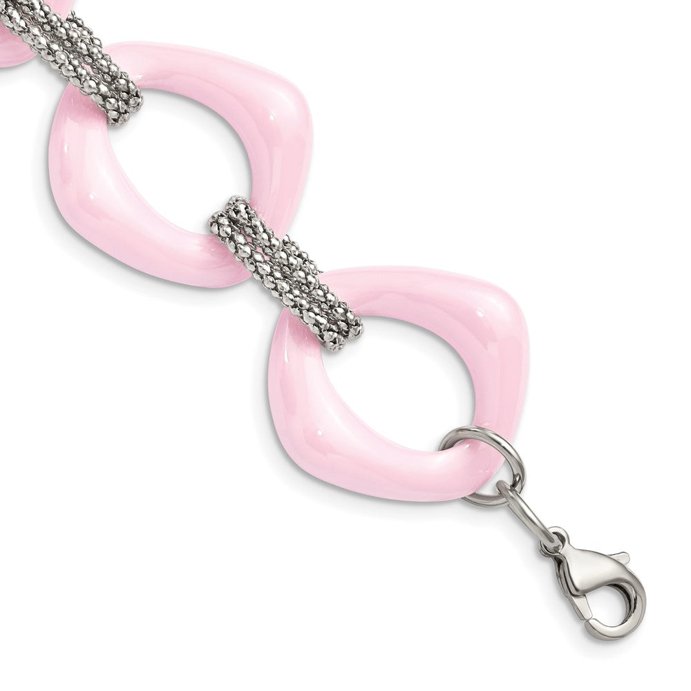 Chisel Stainless Steel Polished with Pink Ceramic 8 inch Open Link Bracelet