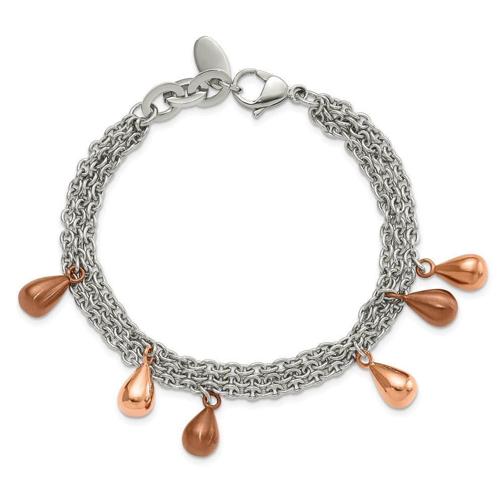 Stainless Steel Rose & Brown IP-plated Teardrops Multistrand Bracelet