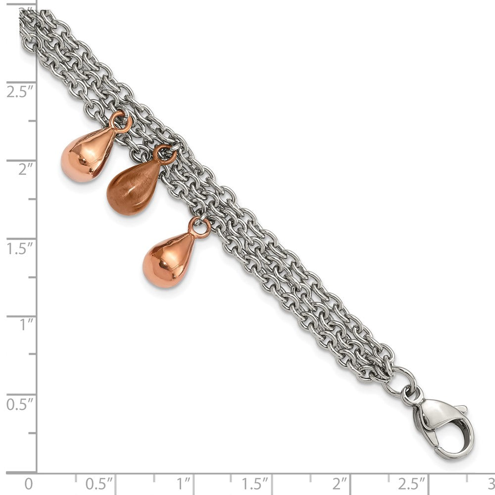 Stainless Steel Rose & Brown IP-plated Teardrops Multistrand Bracelet