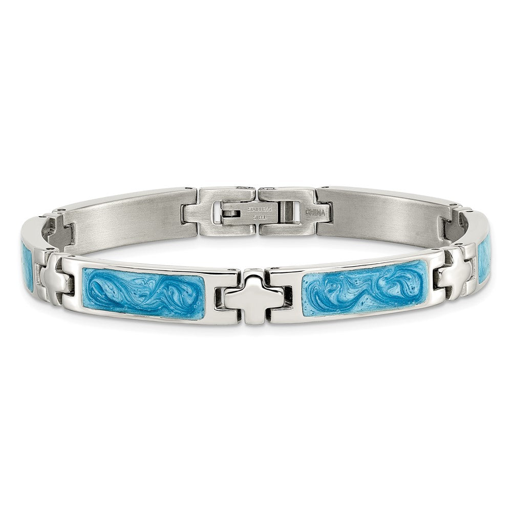 Chisel Stainless Steel Polished with Blue Swirl Enamel 7.25 inch Link Bracelet