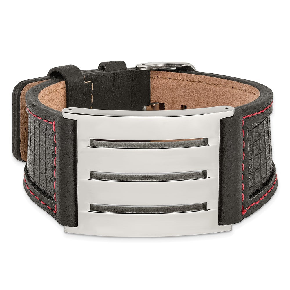 Stainless Steel Black Leather w/ Red Trim Polished Buckle Bracelet