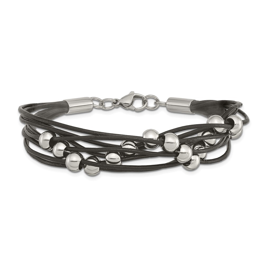 Chisel Stainless Steel Polished Beaded Multi-Strand Black Leather 8 inch Bracelet