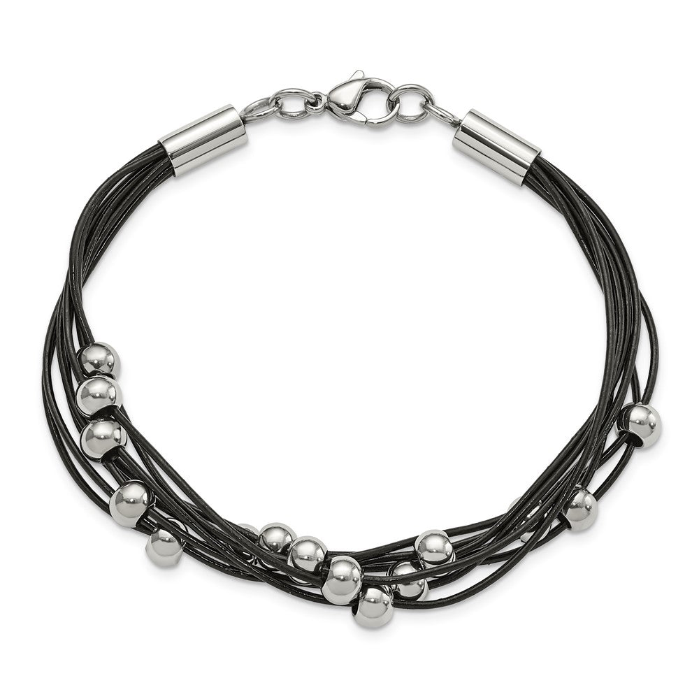 Chisel Stainless Steel Polished Beaded Multi-Strand Black Leather 8 inch Bracelet