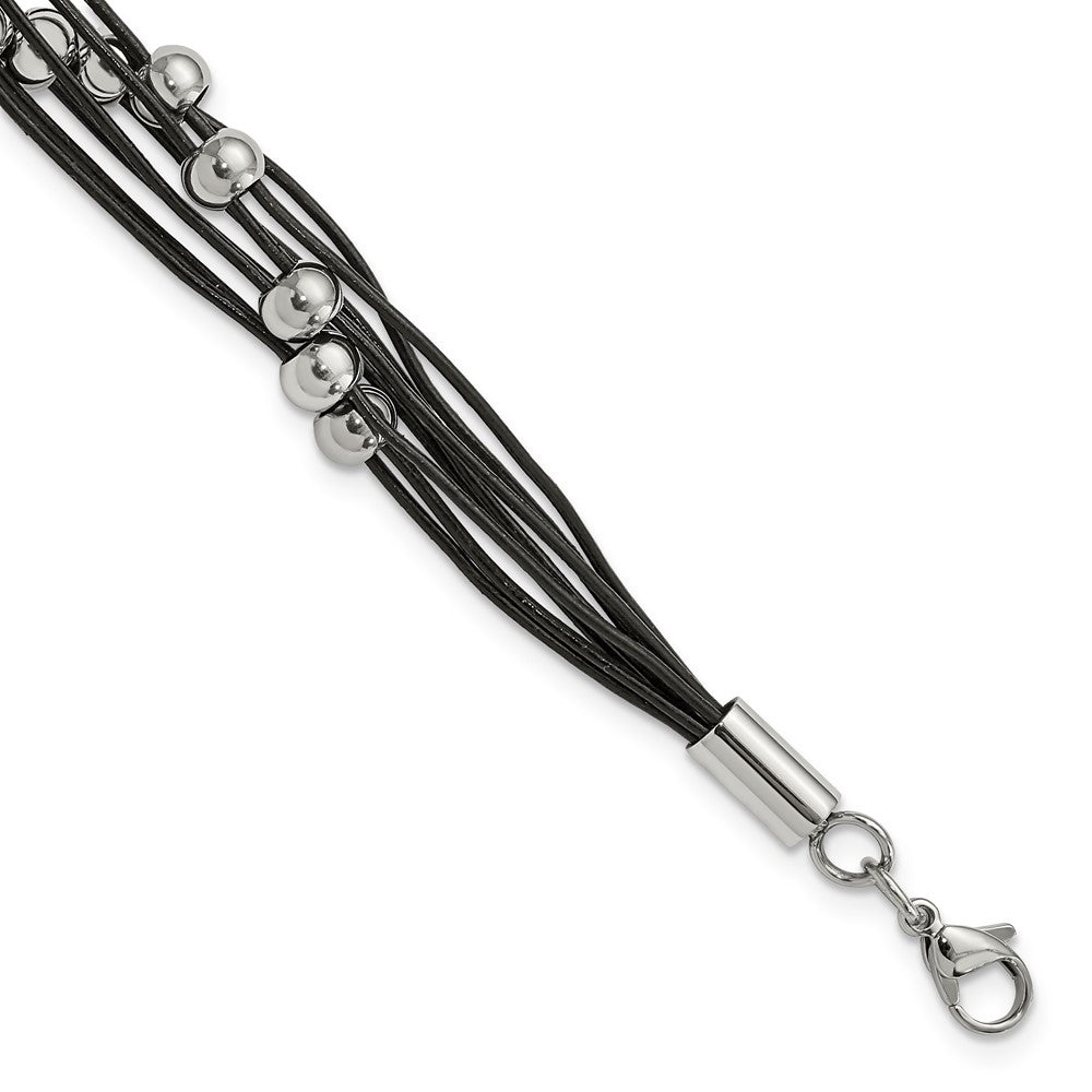 Chisel Stainless Steel Polished Beaded Multi-Strand Black Leather 8 inch Bracelet