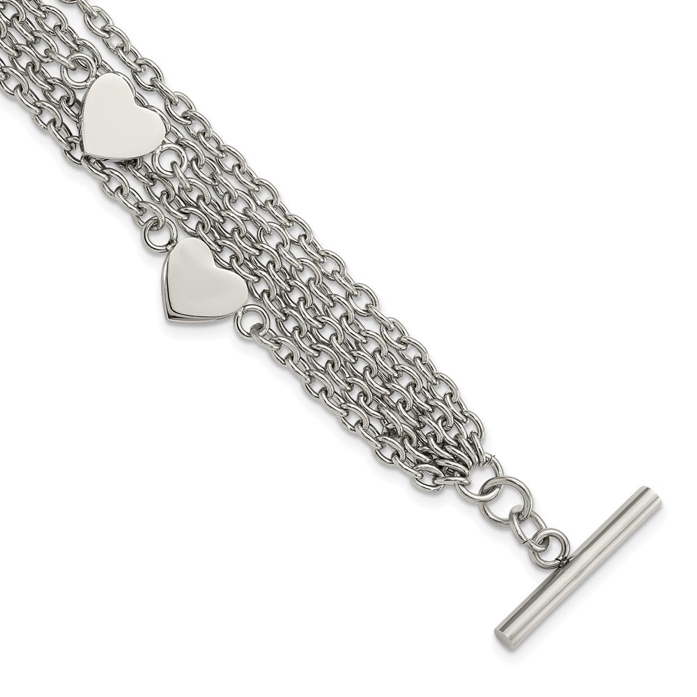 Stainless Steel Polished Multistrand Hearts Chain Toggle Bracelet