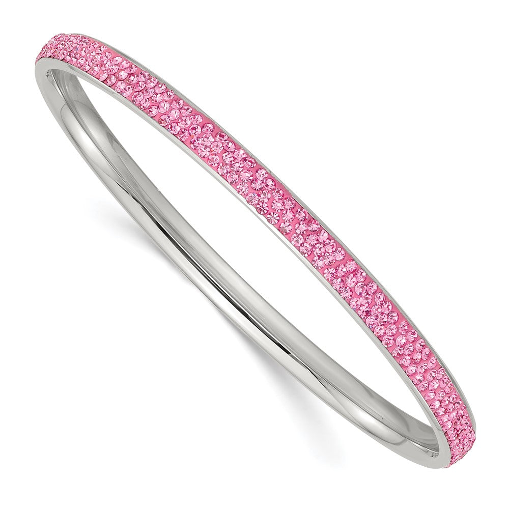 Stainless Steel Polished Pink Crystal Rounded Bangle