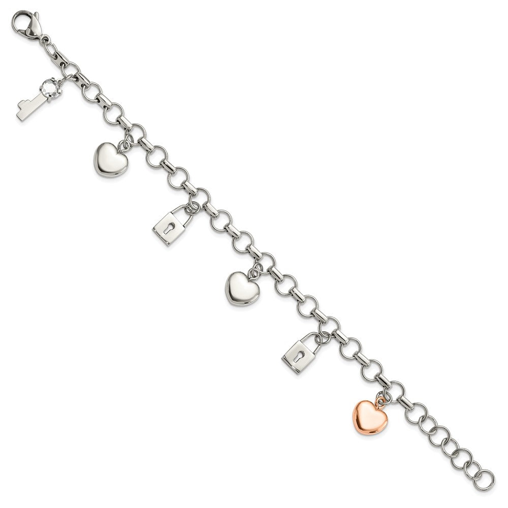 Stainless Steel Rose IP-plated Polished CZ Heart, Lock & Key w/ 1in ext Bracelet