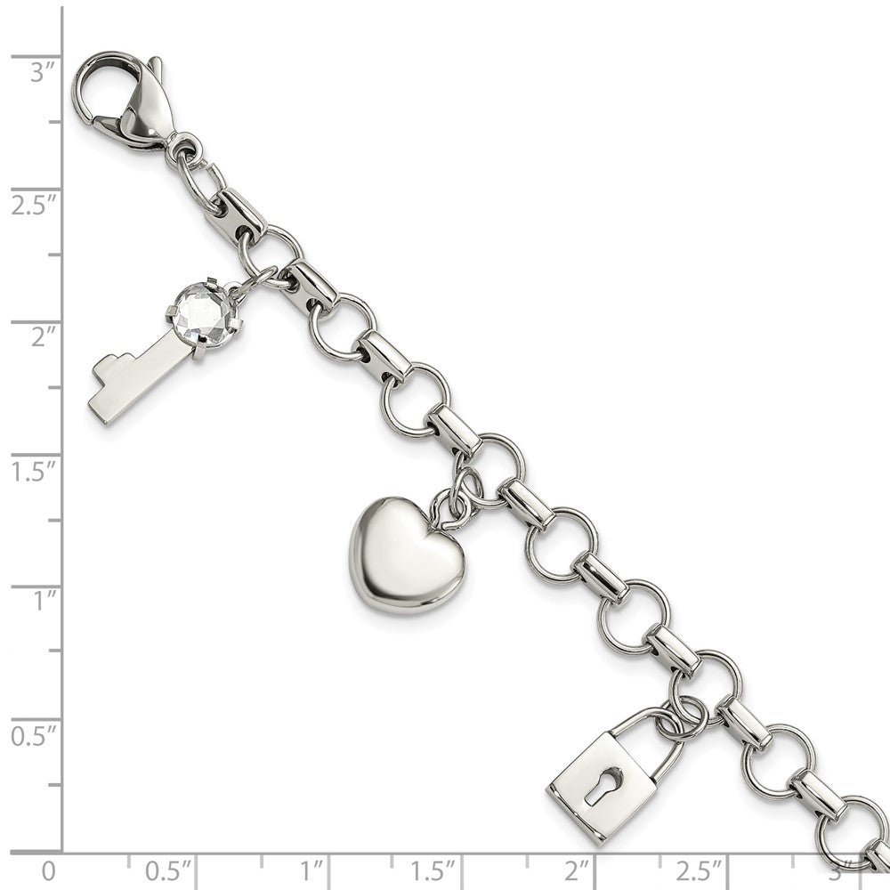 Stainless Steel Rose IP-plated Polished CZ Heart, Lock & Key w/ 1in ext Bracelet