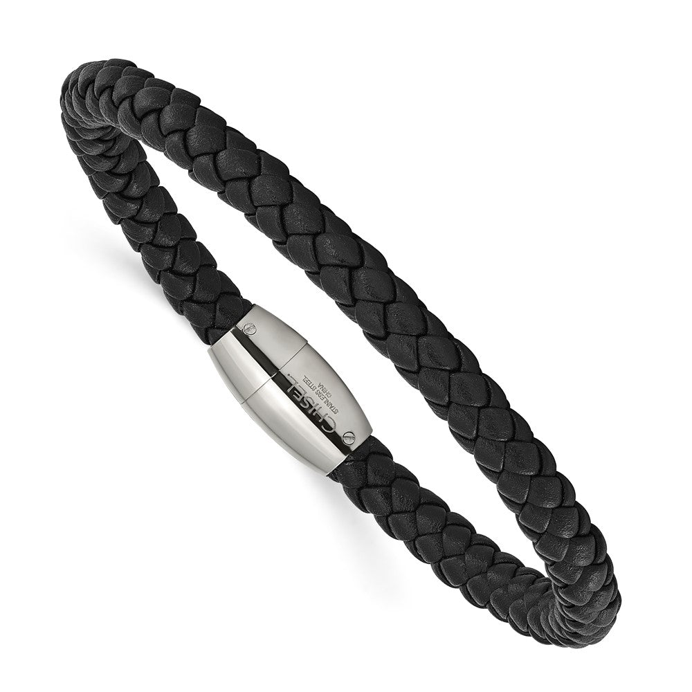 Chisel Stainless Steel Polished Black Braided Leather 8.5 inch Bracelet