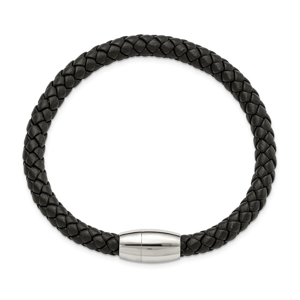 Chisel Stainless Steel Polished Black Braided Leather 8.5 inch Bracelet