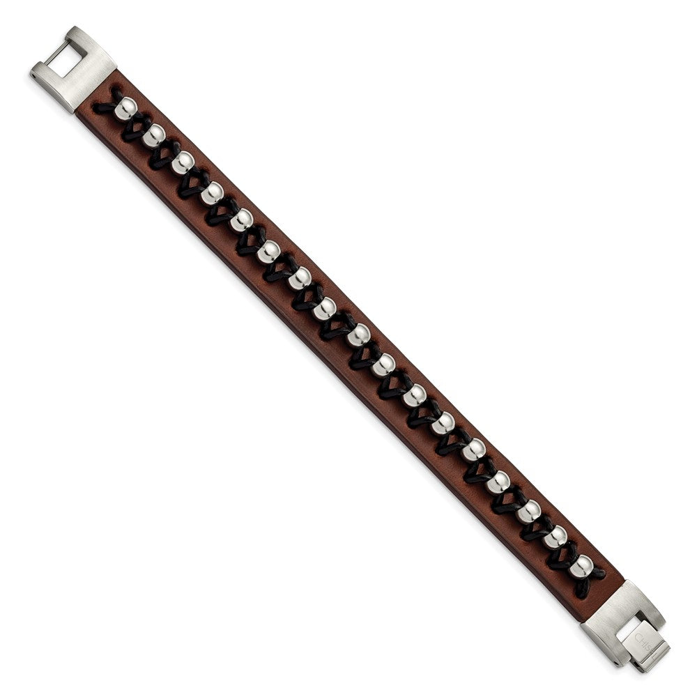 Chisel Stainless Steel Black and Brown Leather with Polished Beads 8.5 inch Bracelet