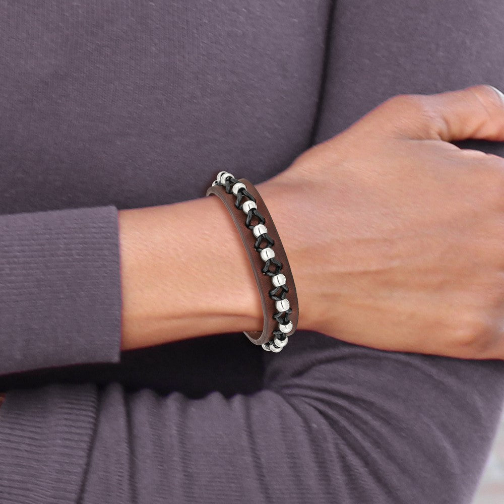 Chisel Stainless Steel Black and Brown Leather with Polished Beads 8.5 inch Bracelet