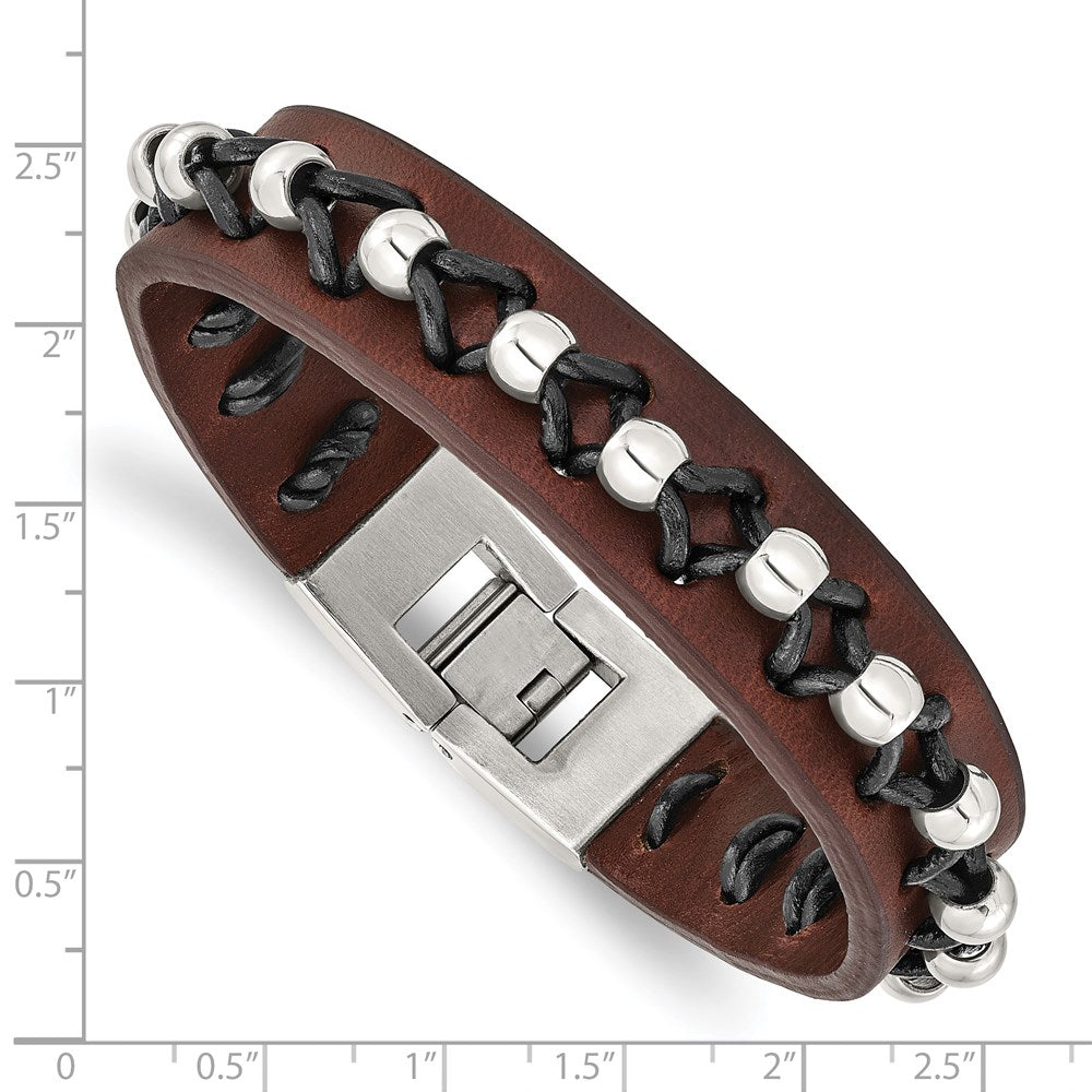 Chisel Stainless Steel Black and Brown Leather with Polished Beads 8.5 inch Bracelet