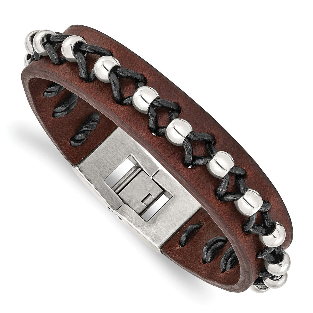 Chisel Stainless Steel Black and Brown Leather with Polished Beads 8.5 inch Bracelet