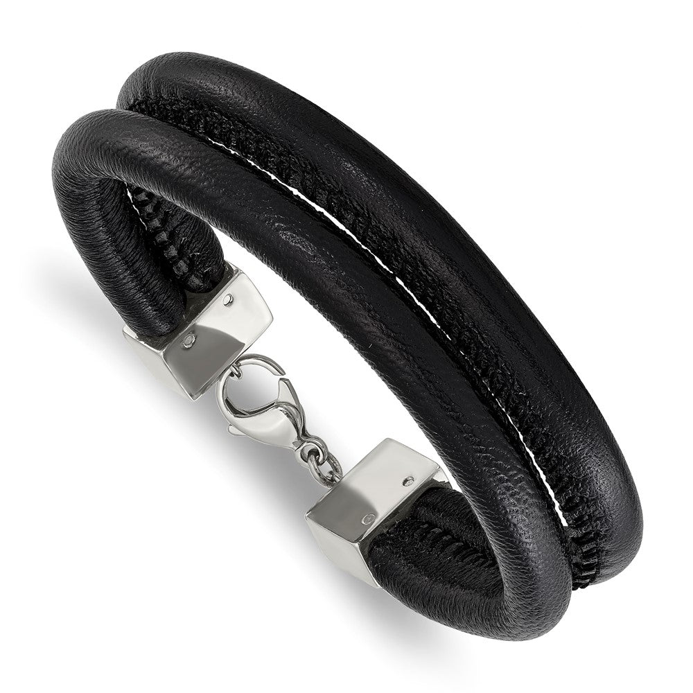 Stainless Steel Polished Black Leather Double Row 8.5in Bracelet