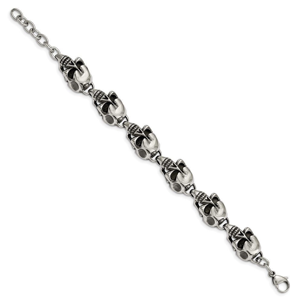 Chisel Stainless Steel Antiqued and Polished Skull Link 8.5 inch Bracelet