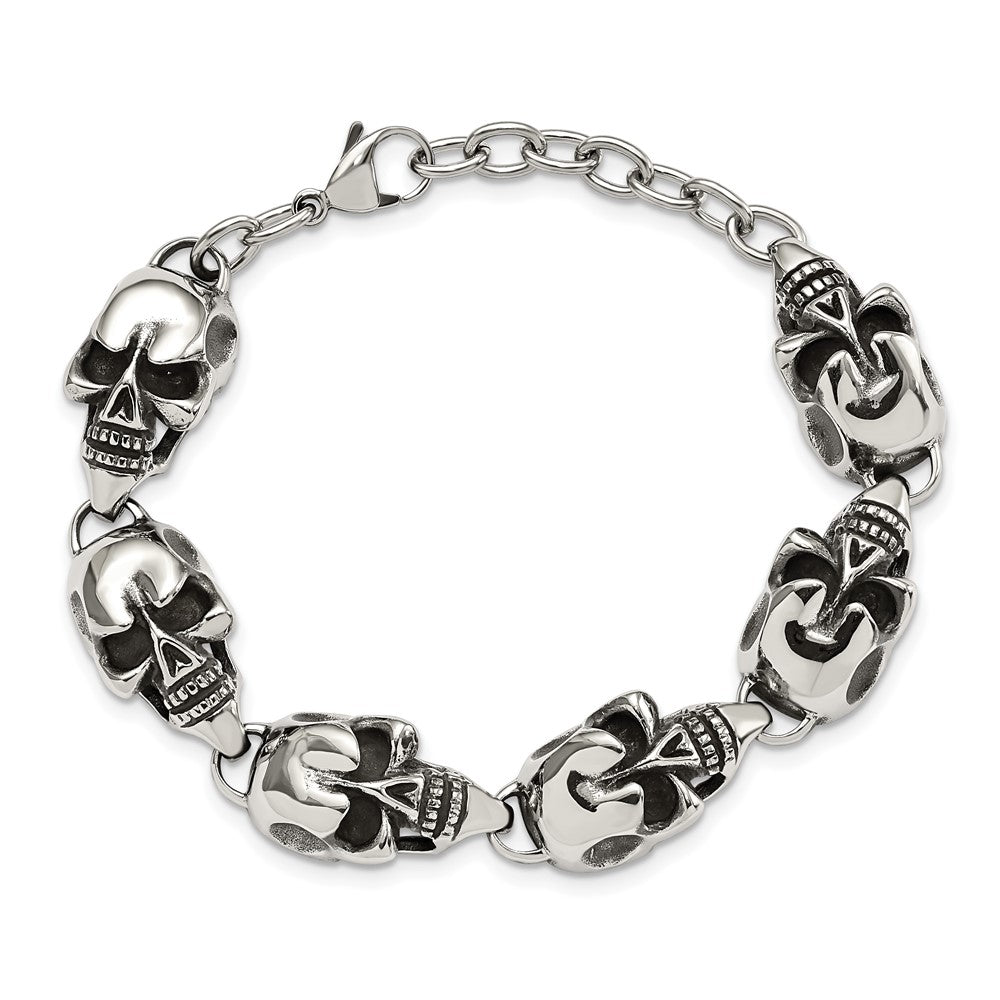 Chisel Stainless Steel Antiqued and Polished Skull Link 8.5 inch Bracelet