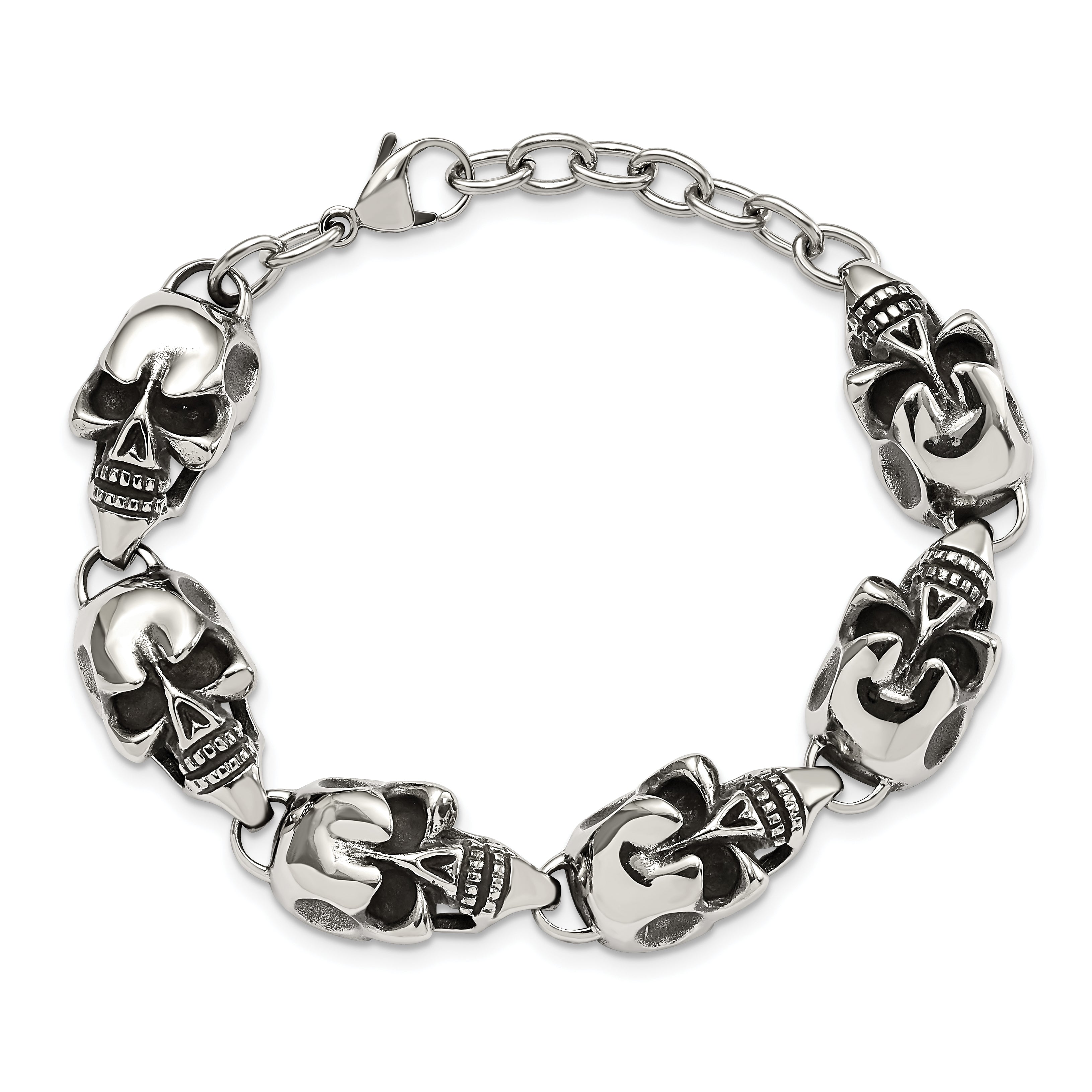 Stainless Steel Antiqued Skulls Bracelet 8.5in