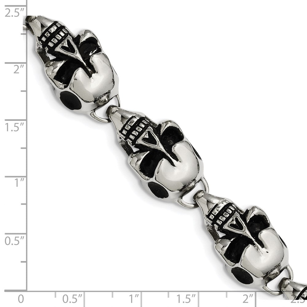 Chisel Stainless Steel Antiqued and Polished Skull Link 8.5 inch Bracelet