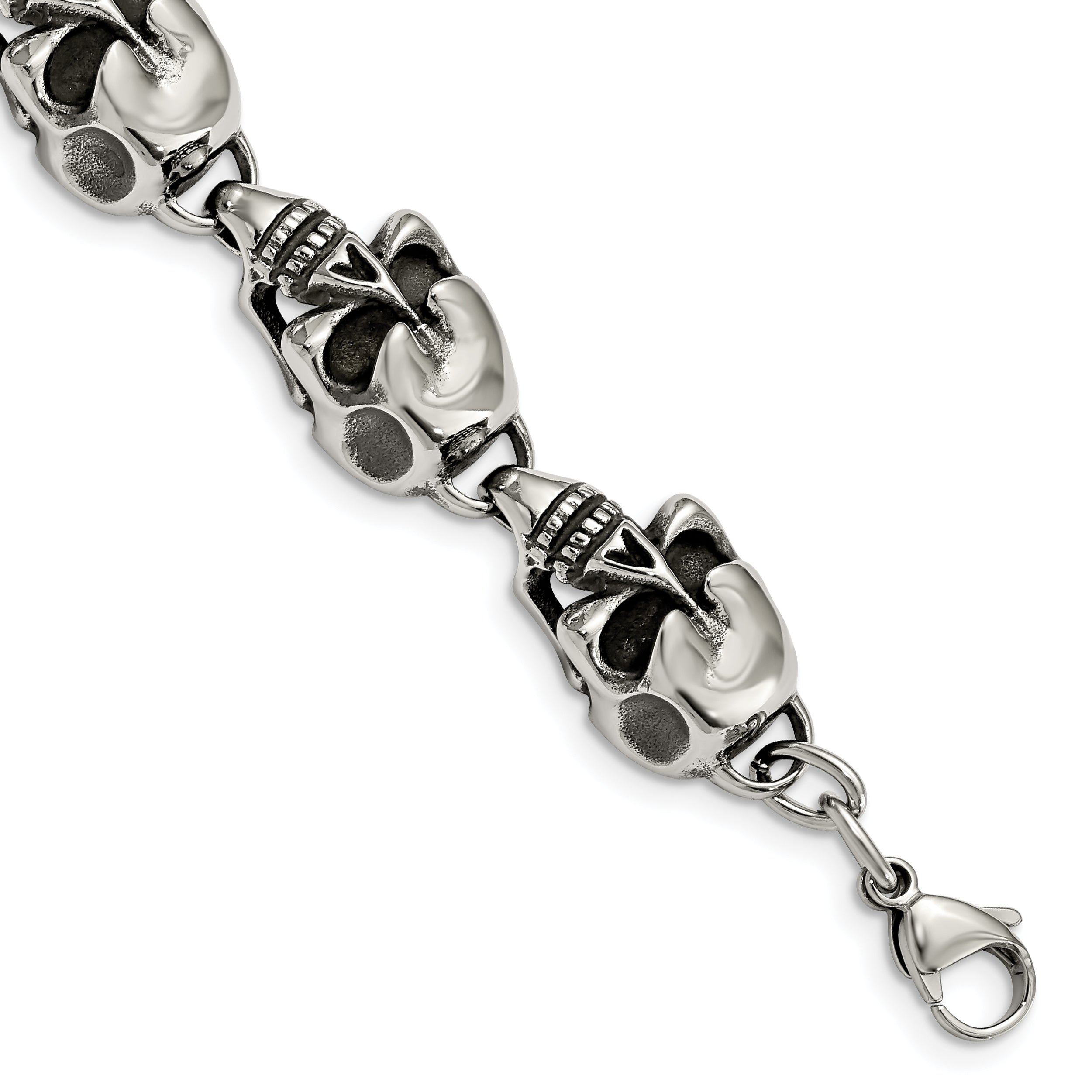 Stainless Steel Antiqued Skulls Bracelet 8.5in