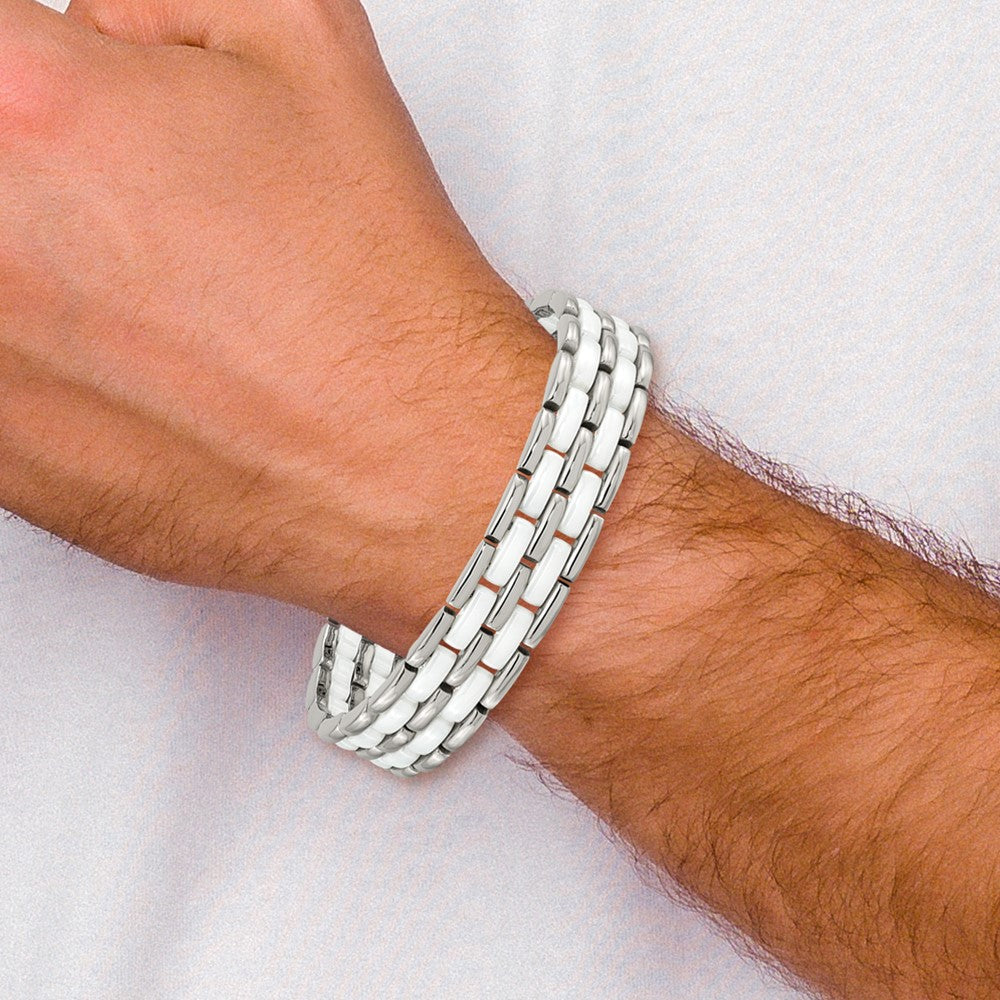 Chisel Stainless Steel Polished with Double Row White Ceramic 8.25 inch Link Bracelet