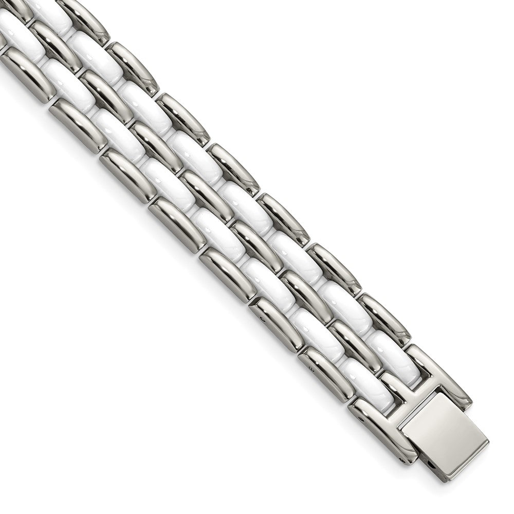 Chisel Stainless Steel Polished with Double Row White Ceramic 8.25 inch Link Bracelet