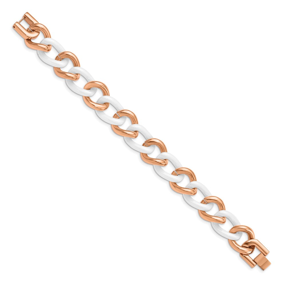 Chisel Stainless Steel Polished Rose IP-plated with White Ceramic 8.25 inch Open Link Bracelet