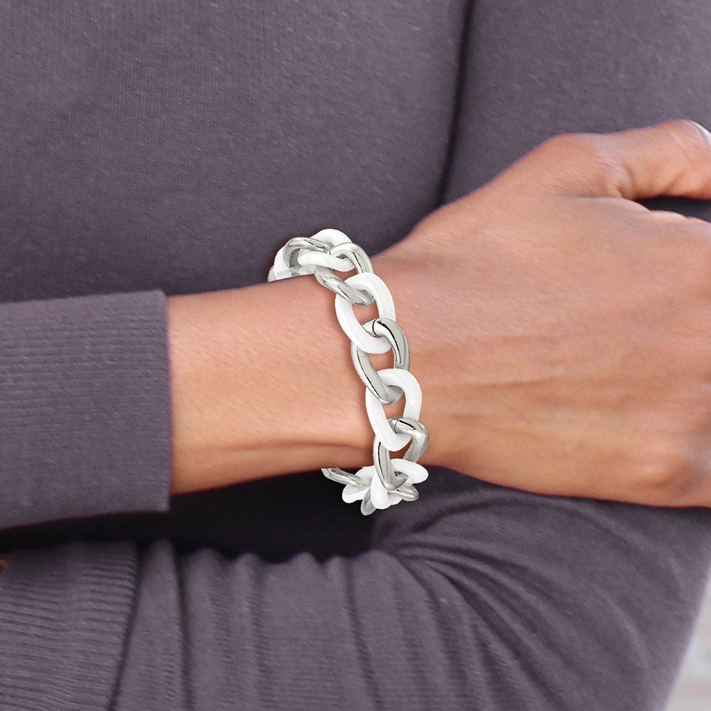 Chisel Stainless Steel Polished with White Ceramic 7.5 inch Curb Link Bracelet with 1 inch Extension