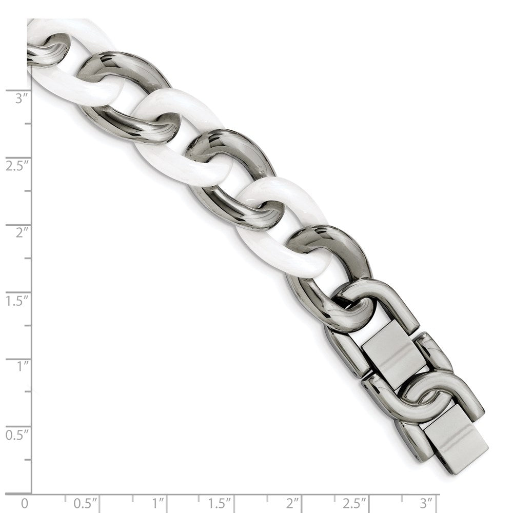 Chisel Stainless Steel Polished with White Ceramic 7.5 inch Curb Link Bracelet with 1 inch Extension