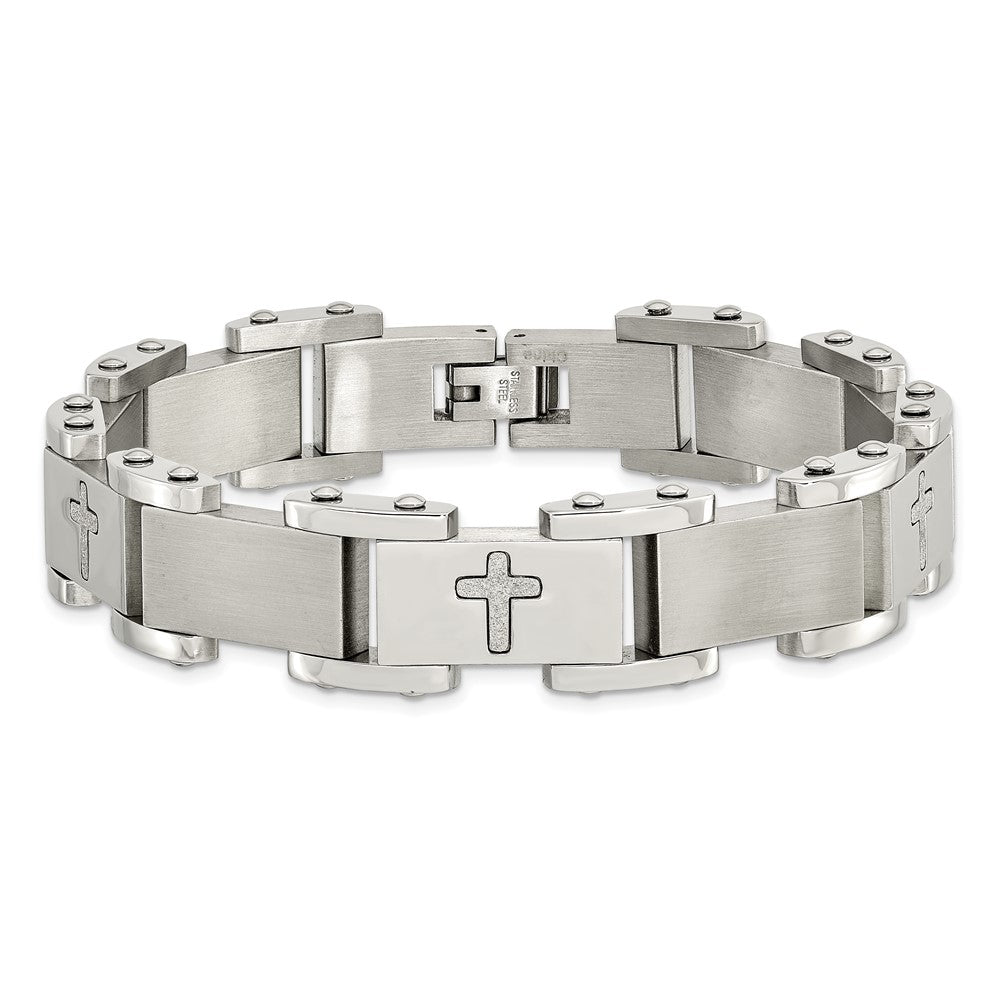 Chisel Stainless Steel Brushed Polished and Laser Cut Crosses 8.75 inch Link Bracelet