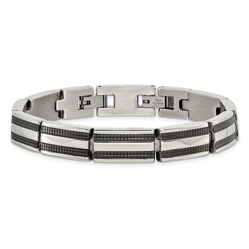 Chisel Stainless Steel Polished and Textured Black IP-plated 8.25 inch Link Bracelet