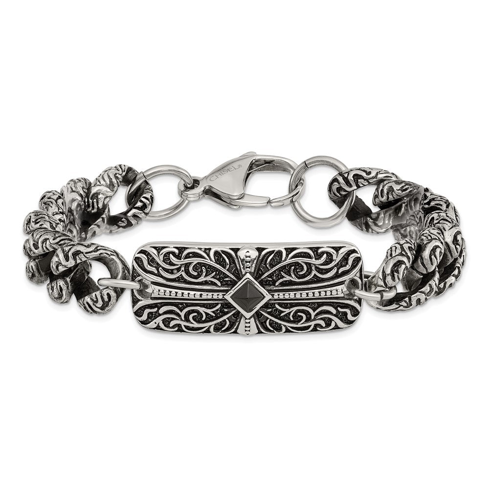 Chisel Stainless Steel Antiqued and Polished with Black Agate 9 inch Fancy Link Cross Bracelet