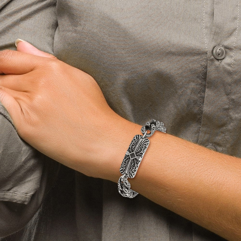 Chisel Stainless Steel Antiqued and Polished with Black Agate 9 inch Fancy Link Cross Bracelet