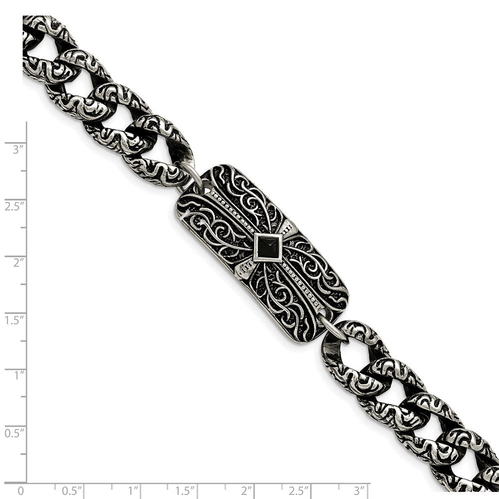 Chisel Stainless Steel Antiqued and Polished with Black Agate 9 inch Fancy Link Cross Bracelet